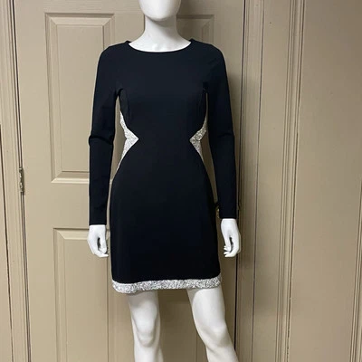 Mini Vestido TRIXXI Negro Manga Larga Plateado Borde Brillo Recortado Espalda Talla S Mujer Foto 1 de 4