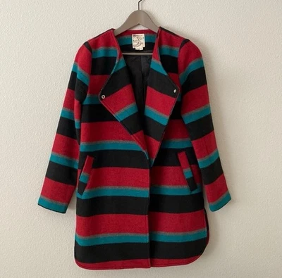 Anthropologie тюль многоцветный в полоску застежки автомобиля пальто размер маленький красный бирюзовый - Изображение 1 из 4