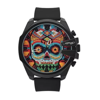 ED HARDY Oversized Skull Beaded Dial Wristwatch Color Black Silicone Strap Watch - Image 1 of 4