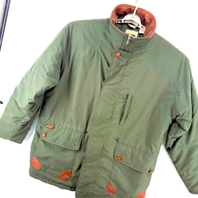 VTG J.T. Beckett Men Chore Coat Jacket Leather Trim Quilted Lining L Army Green - Image 1 of 4