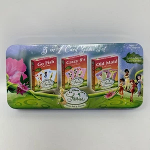 Disney Fairies 3 in 1 Card Game Set Go Fish Old Maid Crazy 8's Tin New Sealed - Picture 1 of 10