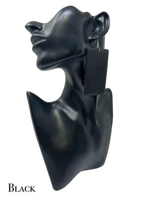 Handmade Rectangle Wood Earrings Boho Black Brown Long Tribal Jewelry Gift - Image 1 of 4