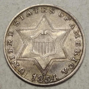 1854 Three Cent Silver, Almost Uncirculated, Repunched Date?   1215-05 - Picture 1 of 4