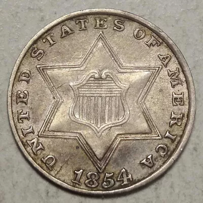 1854 Three Cent Silver, Almost Uncirculated, Repunched Date?   1215-05 - Image 1 of 4