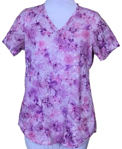 Barco Short Sleeve Mock Wrap Scrub Top Pockets Back Elastic Stitched Florals XS - Picture 1 of 9