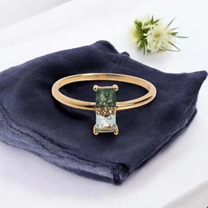 14k Yellow Gold 11x7 mm Square Cut Moss Agate Women Diamond Promise Gift Ring - Picture 1 of 9