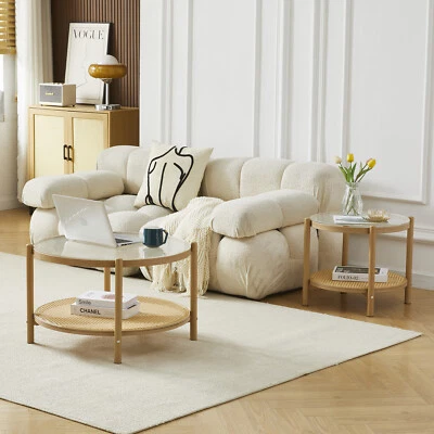 Set of 2 Round Rattan Glass Coffee Table and Side End Table with Metal legs - Image 1 of 4