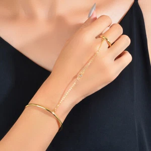 Punk Gold Chain Open Cuff Bangle with Finger Statement Women Slave Bracelets - Picture 1 of 3
