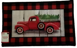 Plaid Border Christmas Tree & Red Vintage Pickup Truck Printed Rug~NEW~17" x 27" - Picture 1 of 4