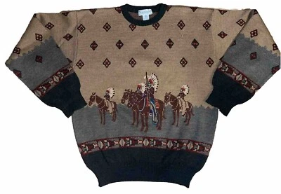Men’s Vtg Tricots St Raphael Native Chief On Horse Western Wool Sweater Sz L - Image 1 of 4