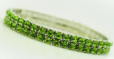 Lot of 1 pcs 2 line Green Rhinestone rhodium plated Stretch Bracelets Wedding - Image 1 of 2