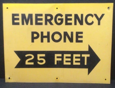 Vtg Emergency Phone Telephone Sign 25 Feet Arrow Yellow Metal 24"x18" Old 936A - Image 1 of 2
