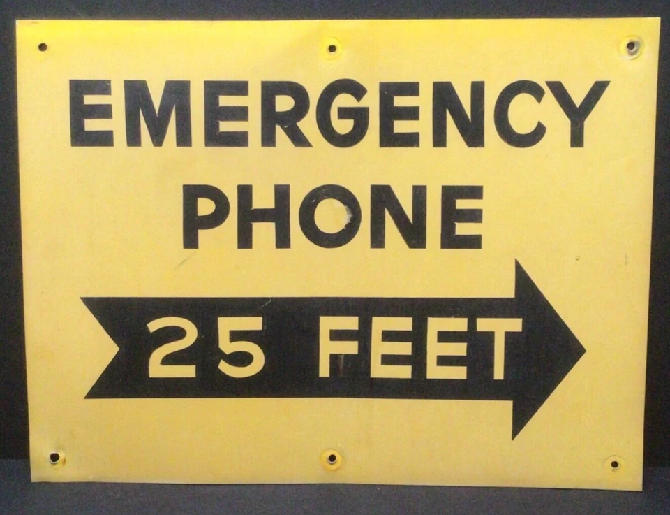 Vtg Emergency Phone Telephone Sign 25 Feet Arrow Yellow Metal 24"x18" Old 936A - Image 1 of 2