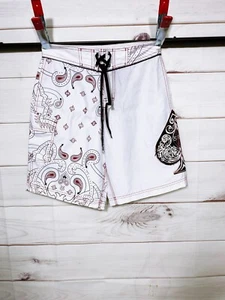 Sideout Mens Swim Shorts Size S White Paisley Spade Pocket w/Drawstring - Picture 1 of 5