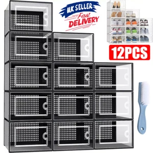 12 x Stackable Foldable Boxes Trainers Organiser Clear Plastic Shoe Storage Box - Picture 1 of 20