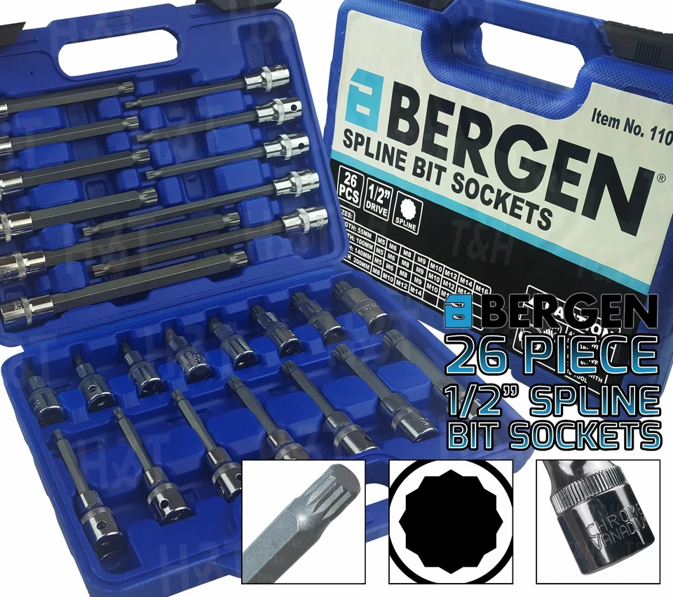 BERGEN Extra Long SPLINE BIT Socket Set 1/2"Dr Triple Square Spline Sockets-M16 - Image 1 of 4