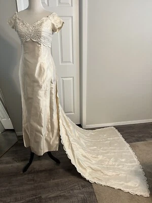 hermoso vestido de novia christos de colección con tren marfil 100% seda crochet xs s Foto 1 de 4