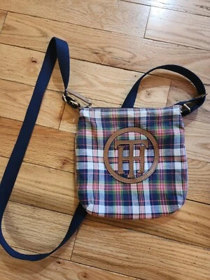 Tommy Hilfiger Womens Plaid Xbody Handbag with Large Faux Leather TH Logo  - Image 1 of 4
