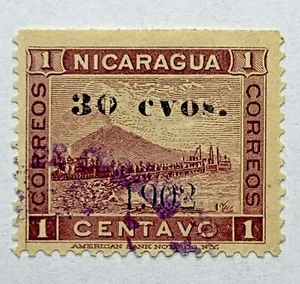 ERROR 1902 NICARAGUA STAMP #163, OVERPRINT SPLIT "O" & FAINT "S" PURPLE CANCEL - Picture 1 of 3