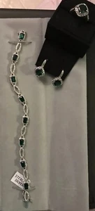 Womens NWT Sterling Silver Jewelry Set Emeralds & Diamond Accents 3 Piece - Picture 1 of 9