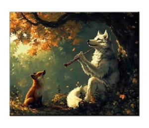 Impresión artística de lobo tocando flauta para un zorro debajo de un roble, arte de pared de bosque de otoño - Imagen 1 de 8