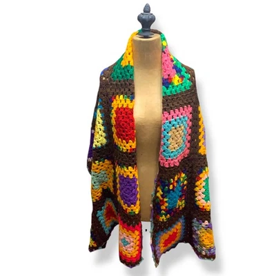 Handcrafted Colorful Crochet Granny Square Wrap Shawl Brown Base Boho Cottagecor - Image 1 of 4