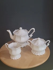 Grace Teaware White Victorian Porcelain Teapot Set With Sugar Bowl & Creamer. - Picture 1 of 12