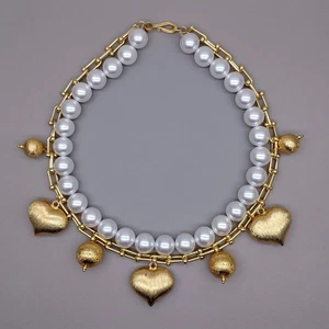 2 Rows White Sea Shell Pearl Gold Plated Brushed Heart Charm Chain Necklace - Picture 1 of 8