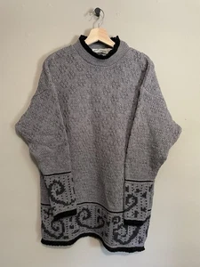 Aran Crafts L 100% Merinowolle grau Strick Pullover schwarz Borte Muster Irland - Bild 1 von 6