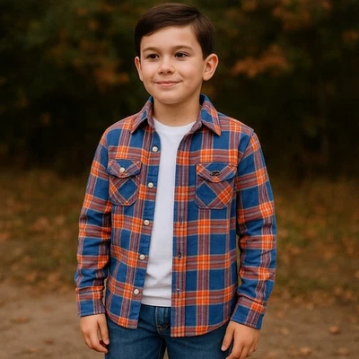 Camisa Hollister Niños Naranja Azul Franela a Cuadros Botón a Presión Manga Larga M Foto 1 de 4