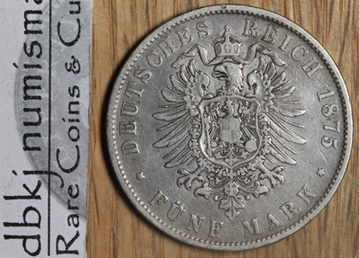 1875F German States - Wurttemberg - 5 Mark - KM 623 - VF Very Fine - Image 1 of 3