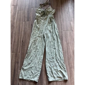 Kittenish Green Halter Tie Cutout Wide Leg Jumpsuit - Women's Large - Picture 1 of 6