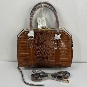 Isabelle Satchel Handbag Croc Embossed Vegan Leather Brown Crossbody Gold NWT - Picture 1 of 13