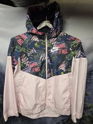 NIKE Youth Girls Size XL Abstract Multicolor Logo Windbreaker Jacket Pink - Image 1 of 4