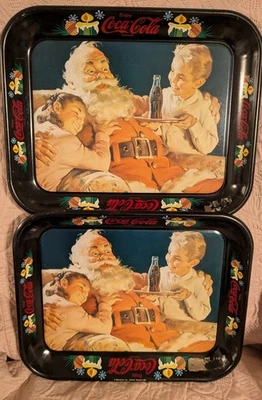 2 VTG Markatron 1981 Coca-Cola 13”x10.5” Retro Santa Clause Christmas Tin Trays - Image 1 of 4