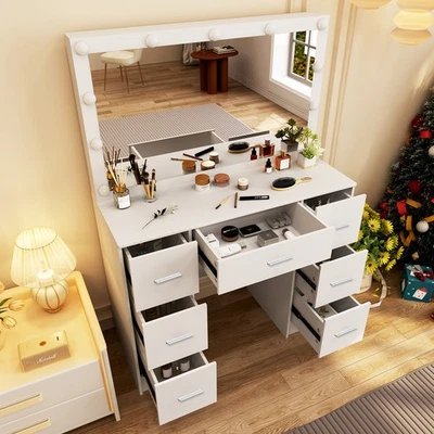 Tocador blanco de 7 cajones tocador escritorio de maquillaje con espejo de 11 LED regulable Foto 1 de 4