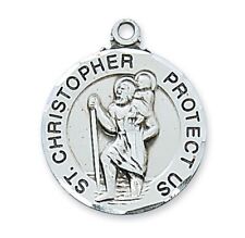 Sterling Silver St Christopher Protect Us Medal on Rhodium Plated Necklace,24 In
