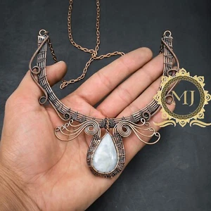 Pietra di luna arcobaleno pietra preziosa filo di rame avvolto fatto a mano collana gioielli regalo - Foto 1 di 4