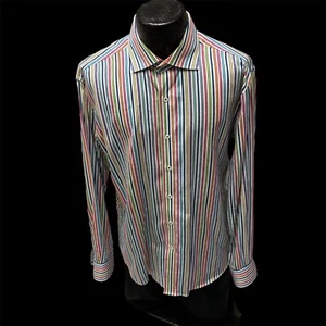 Bugatchi Men Bold RAINBOW STRIPE Button Up Spread Collar SHAPED FIT Dress Shirt - Picture 1 of 13
