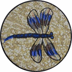Beautiful Dragonfly Round Mural Medallion Art Marble Mosaic - Picture 1 of 1