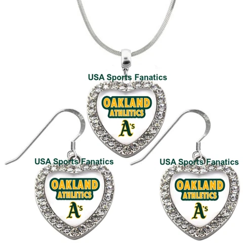 Oakland Athletics 925 Necklace or Earrings or Set Team Heart With Rhinestones Cover