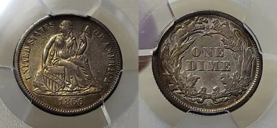 Moneda de diez centavos S Seated Liberty 1866 10c graduación profesional detalle AU rasguño Foto 1 de 4