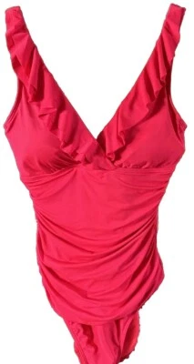 Lauren Ralph Pink V Neck Ruched Ruffle Swimsuit Women’s Sz 6 - Image 1 of 4