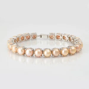 925 Sterling Silver Natural Round Cabochon Pearl Bracelet Gemstone Jewelry - Picture 1 of 2