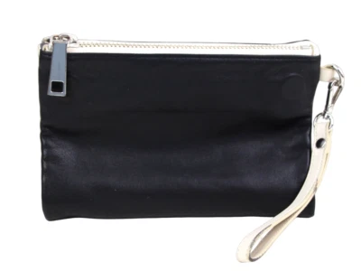 Linea Pelle BLACK BEIGE GENUINE LEATHER FOLDING CLUTCH WALLET WRISTLET PURSE - Image 1 of 4