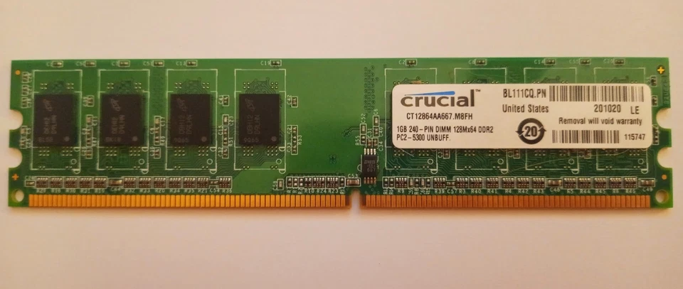 Crucial CT12864AA667 1GB DDR2 PC2-5300 unibuff DIMM 240-pin) Memory 9 ( 2x 1 GB) - Image 1 of 1