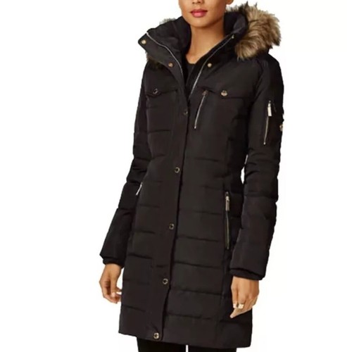 Nuovo cappotto imbottito con cappuccio Michael Kors Petite pelliccia sintetica PM muschio scuro