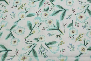 100 % Cotton fabric ~ White with teal stems,leaves,flowers,wht,pnk,gld,flw~ BTY - Picture 1 of 2