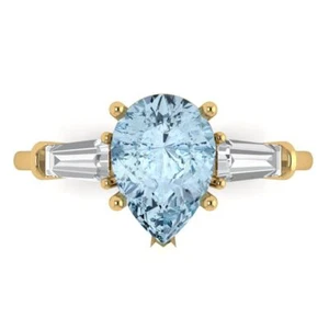 Anillo de compromiso de tres piedras de oro amarillo de 14K, diamante azul simulado de 2,5 quilates - Imagen 1 de 11