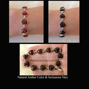 BALTIC CHERRY or HONEY AMBER STERLING SILVER LINK CHAIN HANDMADE HEART BRACELET - Picture 1 of 9